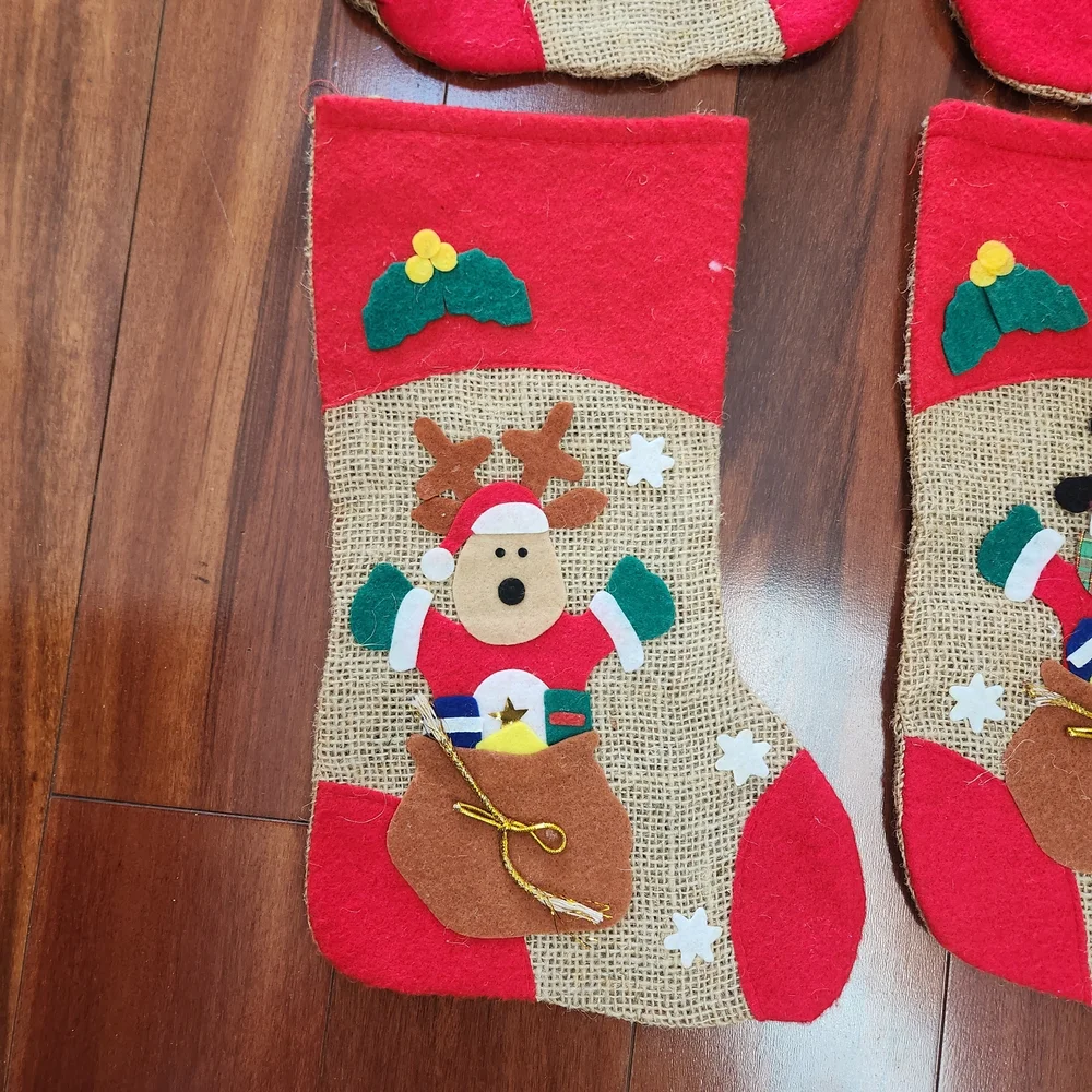 Set of 4 Burlap with Felt Applique Christmas Stockings